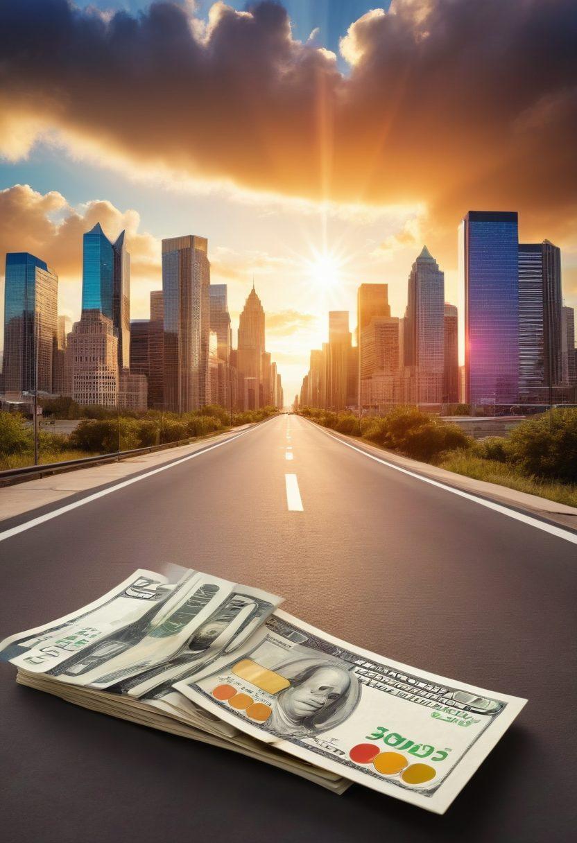 A dynamic city skyline representing America's financial landscape, with symbolic elements like credit cards, dollar bills, and a pie chart woven into the buildings. A diverse group of people discussing financial strategies in the foreground, showcasing collaboration and success. Soft rays of sunlight breaking through clouds, symbolizing hope and new opportunities. In the background, a road leading towards a bright horizon symbolizing financial freedom. super-realistic. vibrant colors.