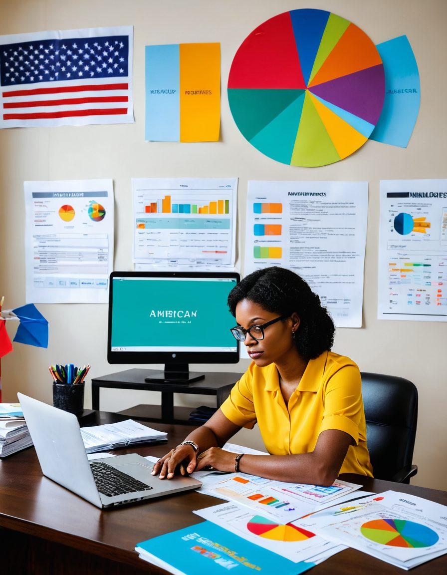A person sitting at a desk surrounded by financial documents, a laptop open displaying budgeting software, and a colorful pie chart. Include a stack of credit-related books and motivational quotes on the wall, with an American flag in the background to symbolize personal finance in America. The scene should convey a sense of empowerment and organization. super-realistic. vibrant colors.