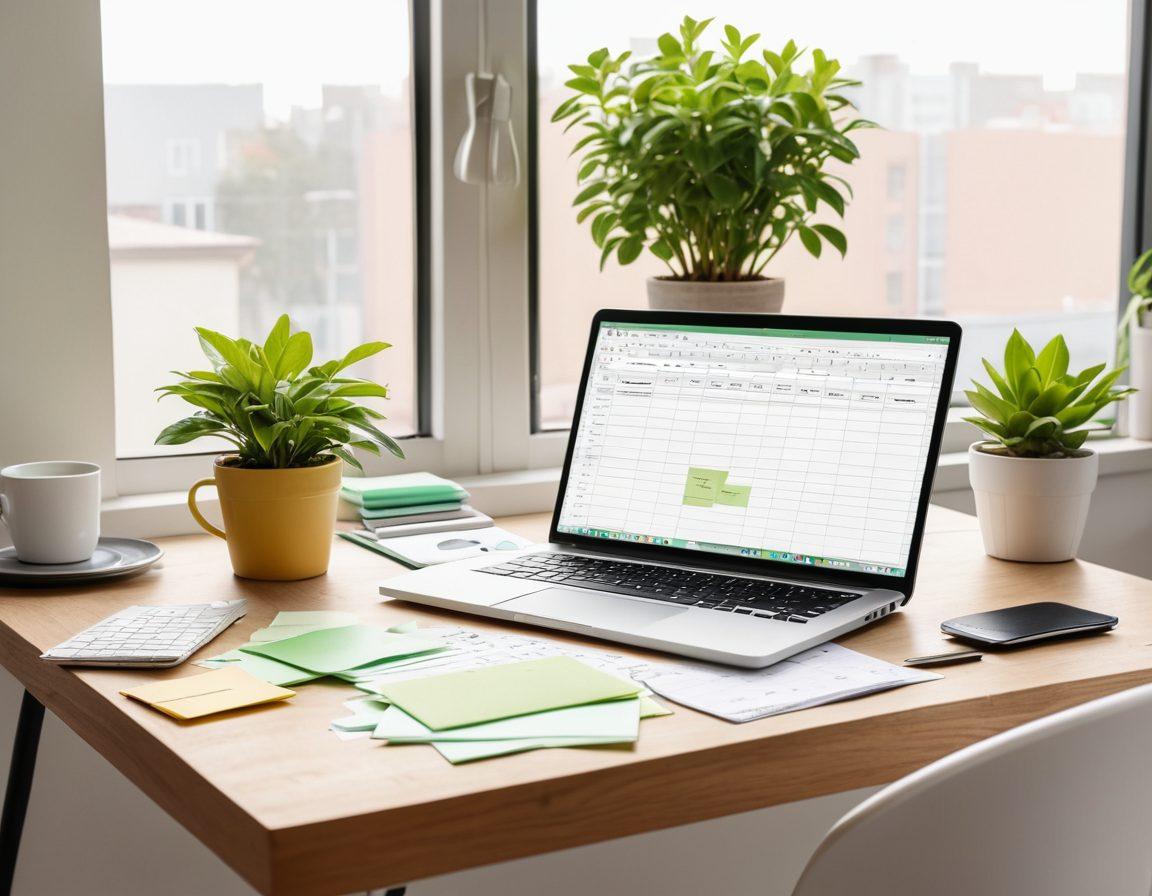 A minimalist desk scene featuring a sleek laptop with an open budgeting spreadsheet, colorful sticky notes scattered around, a bright green plant for freshness, and a cup of coffee, softly illuminated by natural light coming through a window. The background hints at a peaceful home office environment. super-realistic. warm tones. bright white background.